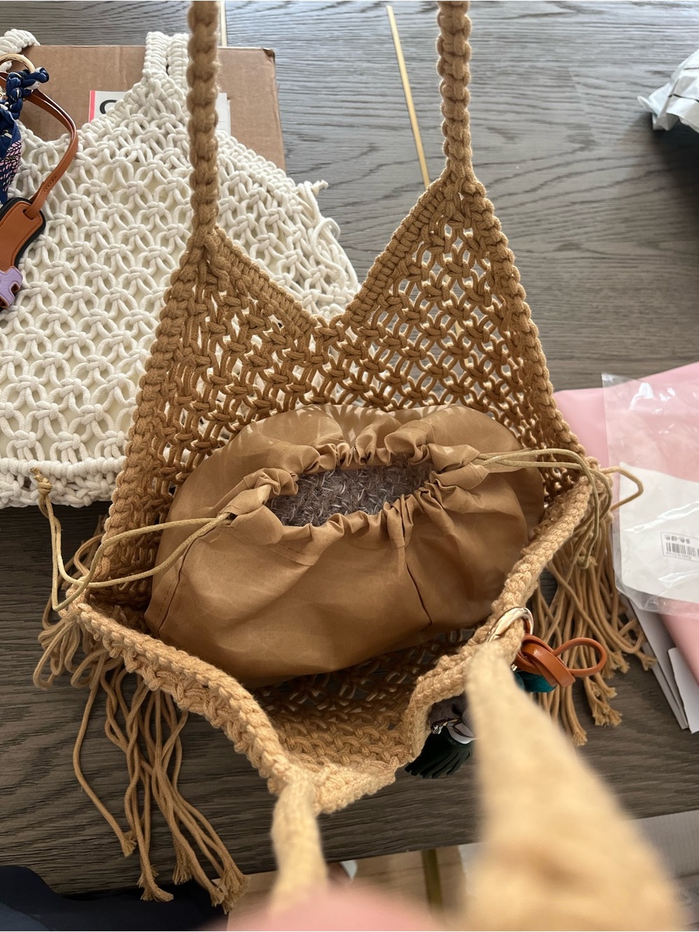 Woven Fringe Straw Tote Bag in Tan - Picture 2 of 3